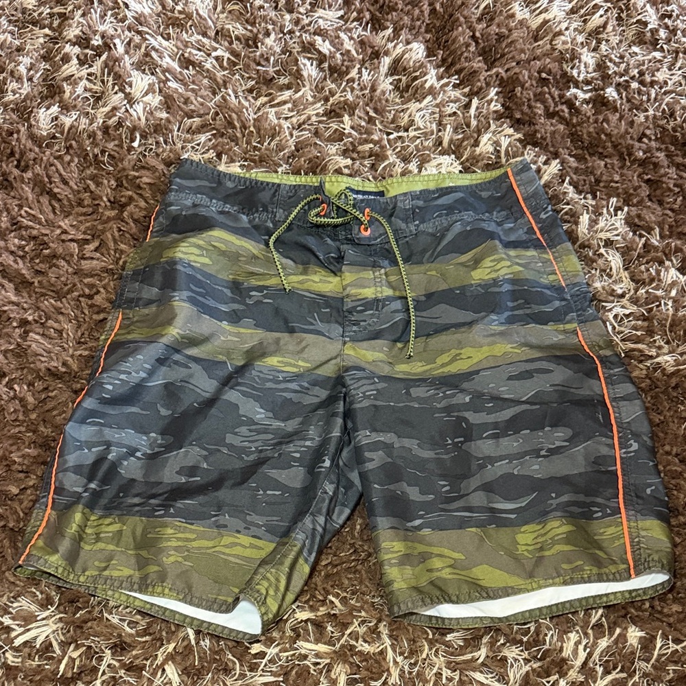American Eagle Outfitters Camouflage Board Shorts with Orange Accents